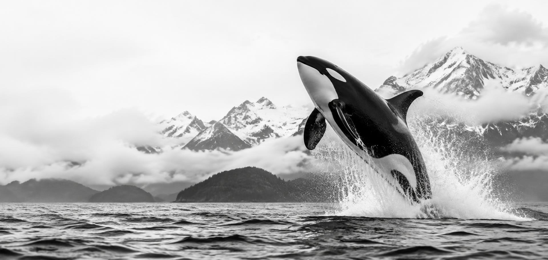 Orca leaping from the ocean before alpine mountains
